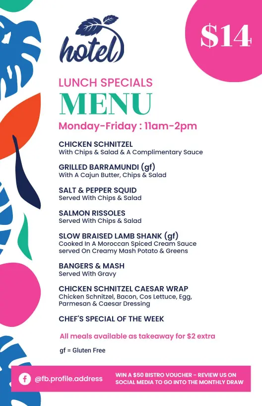 Savory Lunch Specials Featuring Chicken and Seafood Delights Hotel Menu Template
