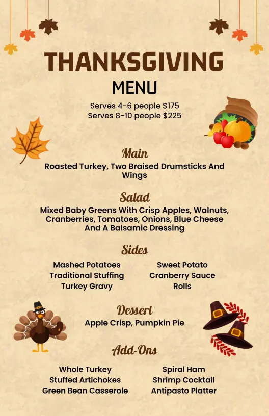 Savory Main Courses with Delectable Desserts Thanksgiving Menu Template