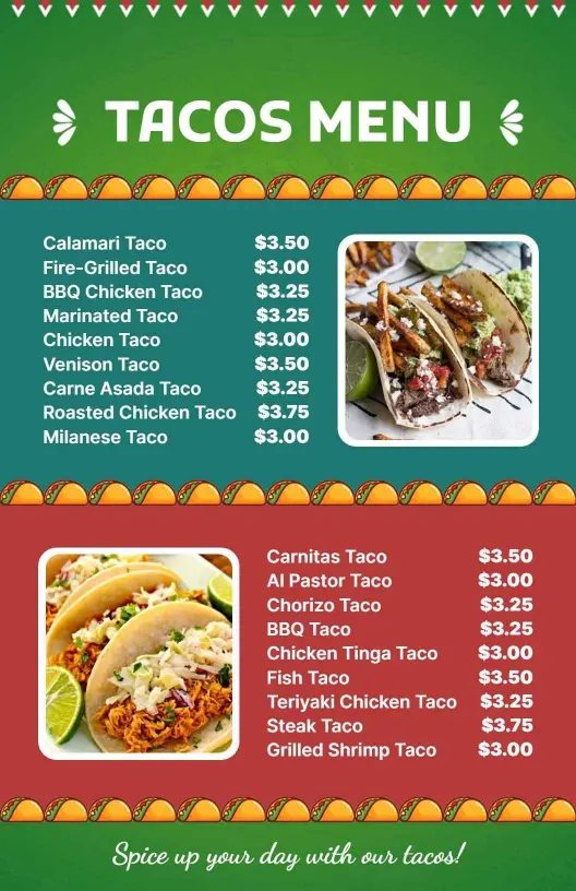Savory Meat and Seafood Variety Tacos Delicious Taco Menu Template