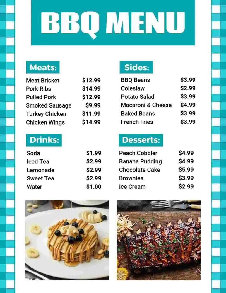 Savory Meat Selections with Delicious Sides and Desserts BBQ Menu Template