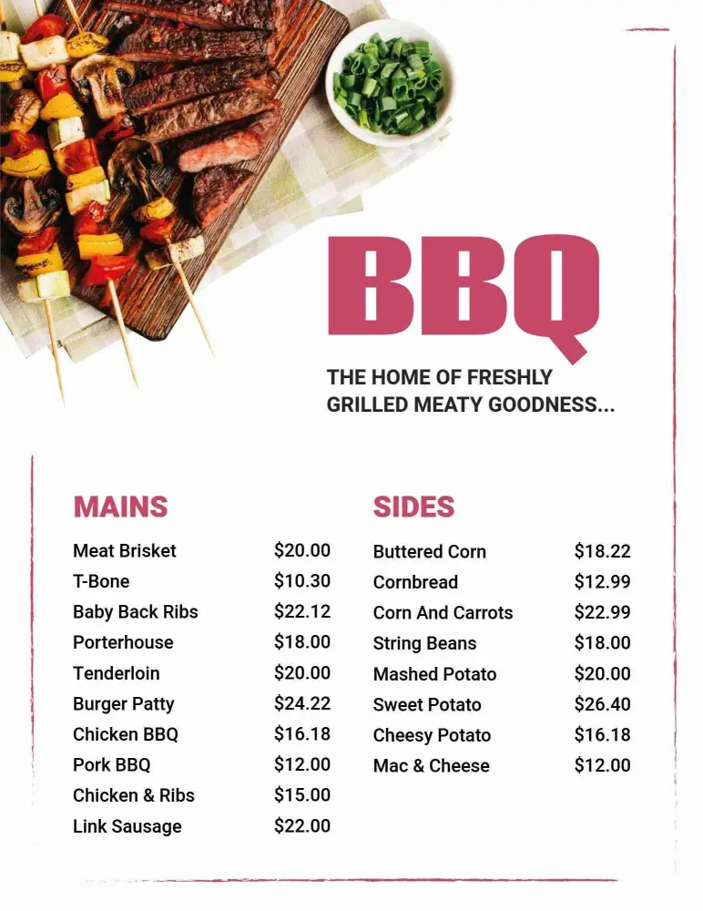 Savory Meats and Flavorful Sides for Delicious BBQ Menu Template