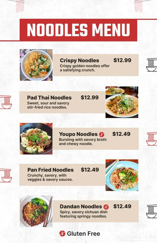 Savory Noodle Dishes with Unique Flavors and Textures Noodles Menu Template