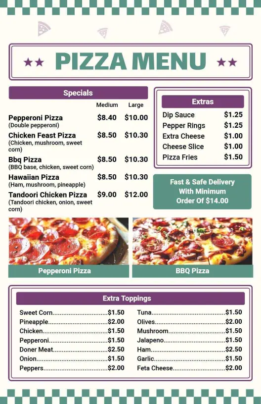Savory Pepperoni and BBQ Specialties Pizza Menu Template
