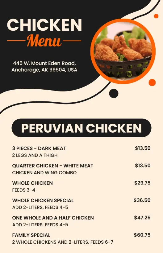 Savory Peruvian Chicken Dishes and Combo Options Chicken Menu Template