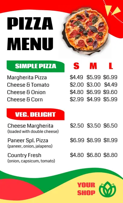 Savory Pizza Selections Featuring Classic and Veggie Varieties Pizza Menu Template