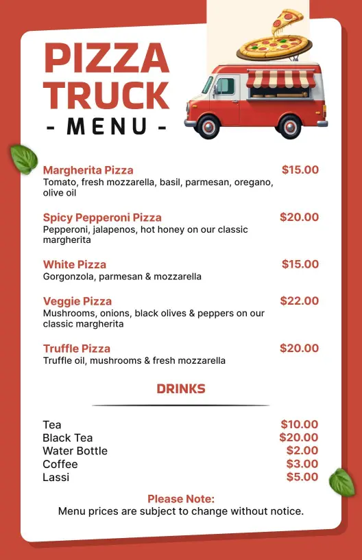 Savory Pizza Varieties with Delicious Toppings Food Truck Menu Template