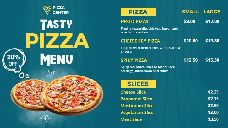 Savory Pizza Varieties with Fresh Toppings and Sauces Pizza Menu Template