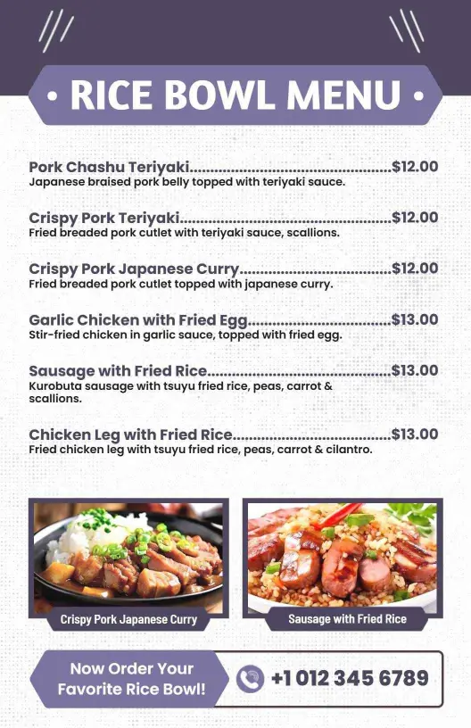 Savory Pork and Chicken Rice Bowl Selections for Every Palate Menu Template