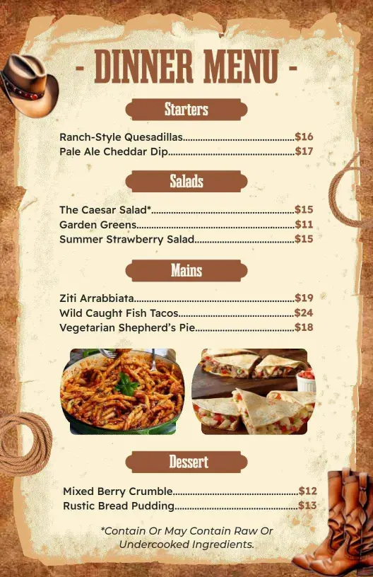 Savory Ranch-Style Quesadillas and Hearty Entrees Dinner Menu Template