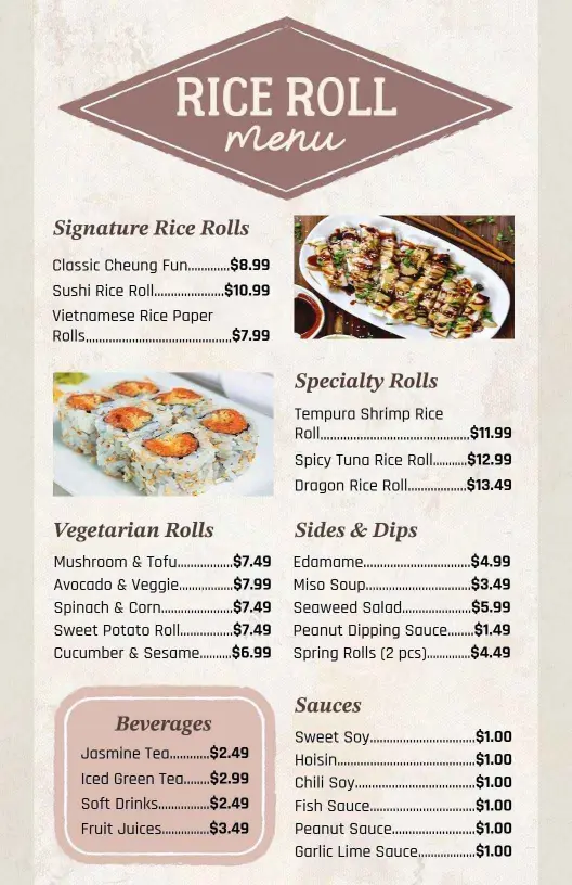 Savory Rice Paper Rolls and Delicious Signature Creations Rice Menu Template
