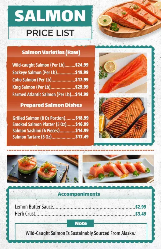 Savory Salmon Varieties and Delicious Dishes Seafood Menu Template