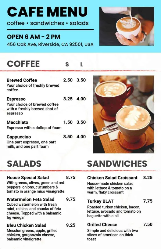Savory Sandwiches and Fresh Salads with Coffee Selections Cafe Menu Template