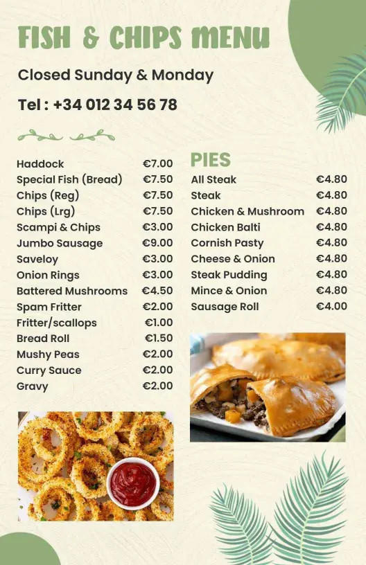 Savory Scampi and Chips with Fresh Seafood Selections Menu Template