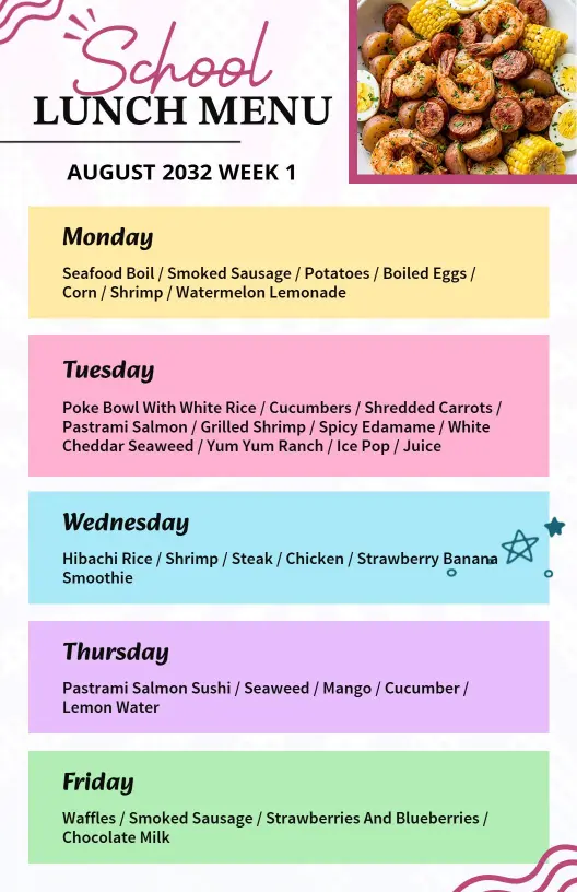 Savory School Lunch Selections with Fresh Ingredients Lunch Menu Template
