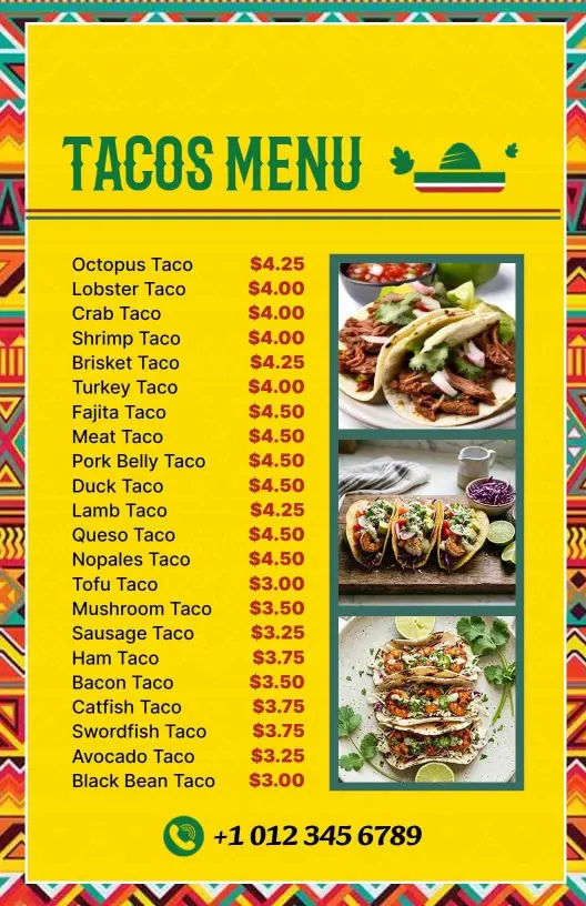 Savory Sea and Meat Taco Selections with Unique Flavors Tacos Menu Template
