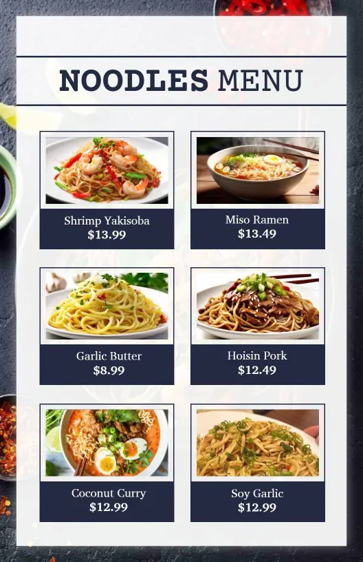 Savory Shrimp Yakisoba and Rich Ramen Varieties Noodles Menu Template