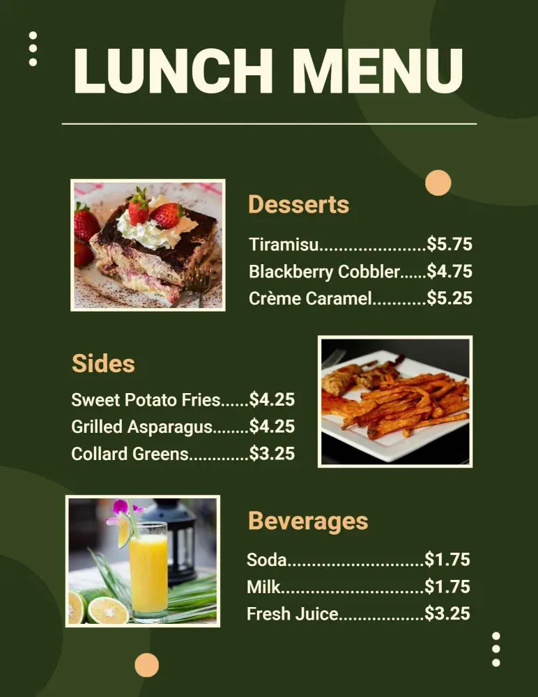 Savory Sides and Sweet Desserts for Your Enjoyment Lunch Menu Template
