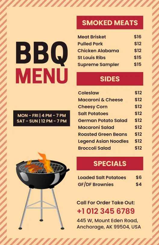Savory Smoked Meats and Hearty Sides BBQ Menu Template