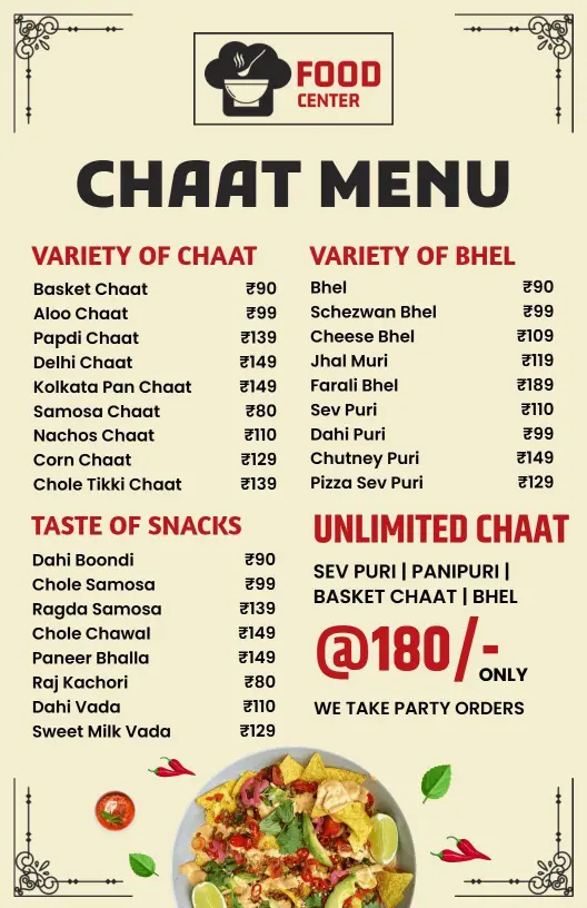 Savory Snack Selections with Delicious Chaat Options Indian Cuisine Menu Template