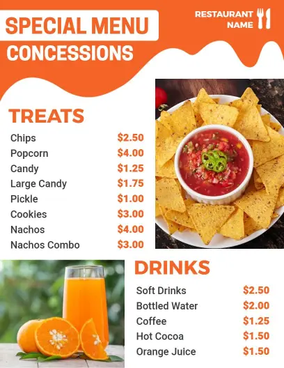 Savory Snacks and Refreshing Drinks for All Events Concession Menu Template