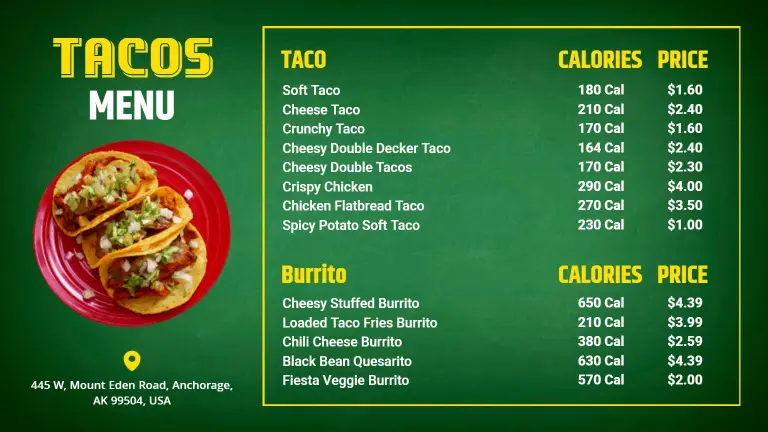 Savory Soft and Crunchy Taco Selections with Sides Tacos Menu Template