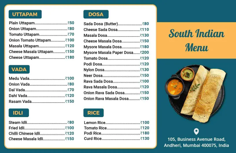 Savory South Indian Dishes and Spicy Flavors Indian Cuisine Menu Template