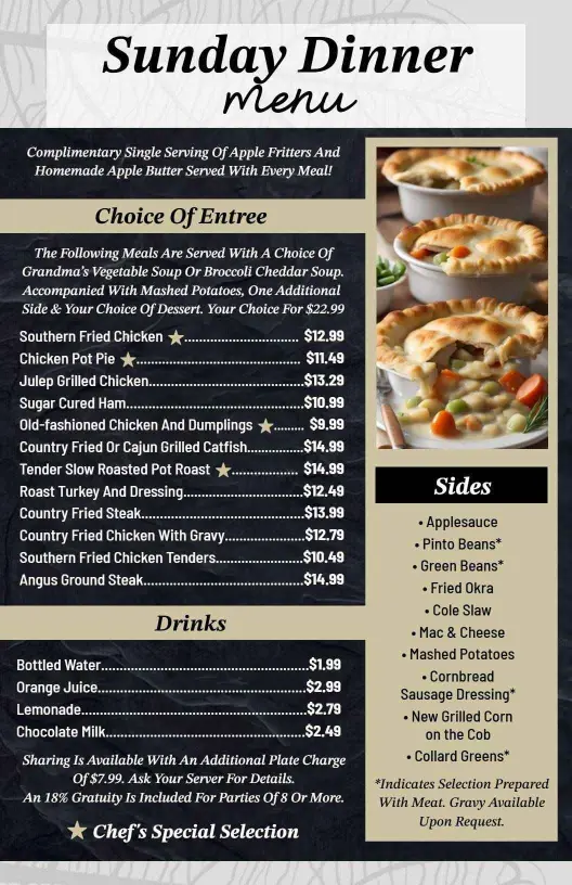 Savory Southern Dishes and Comfort Food Selections Dinner Menu Template