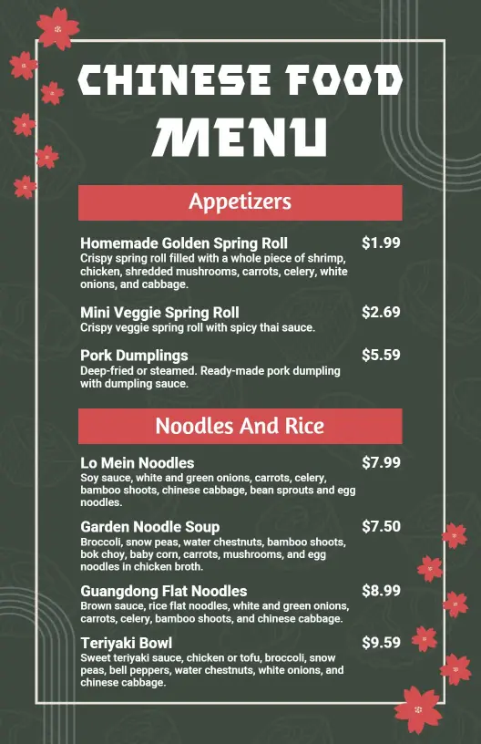 Savory Spring Rolls and Delicious Noodles Selection Chinese Menu Template