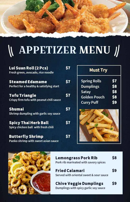Savory Spring Rolls and Shrimp Selections Appetizer Menu Template