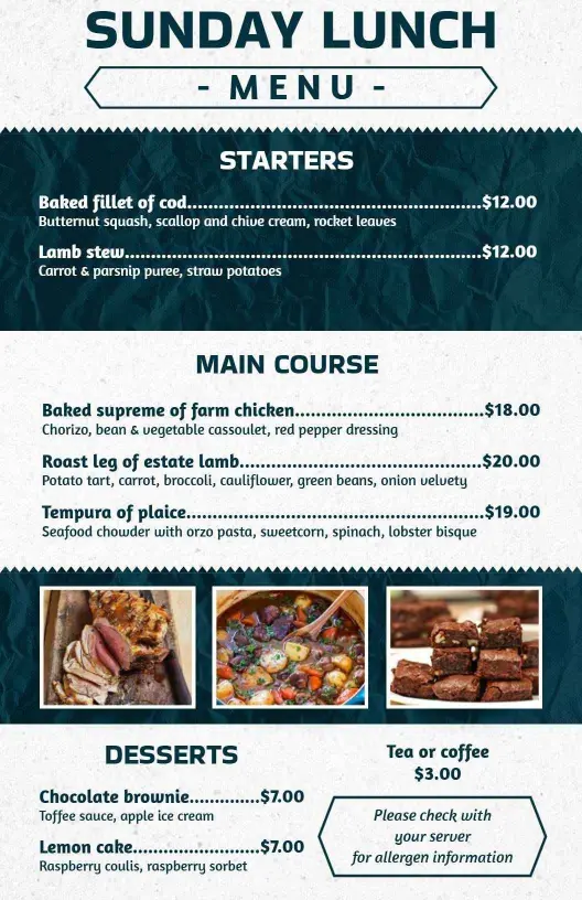 Savory Starters and Delectable Main Courses Lunch Menu Template