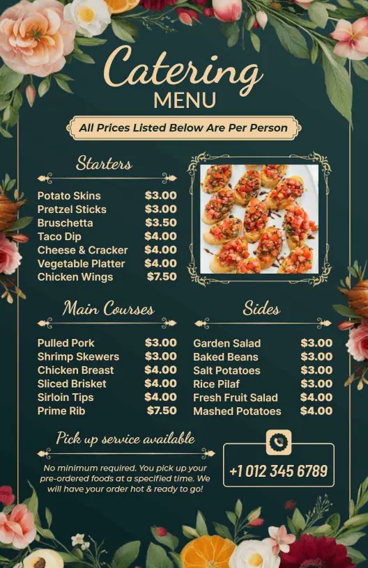Savory Starters and Hearty Main Dishes Catering Menu Template