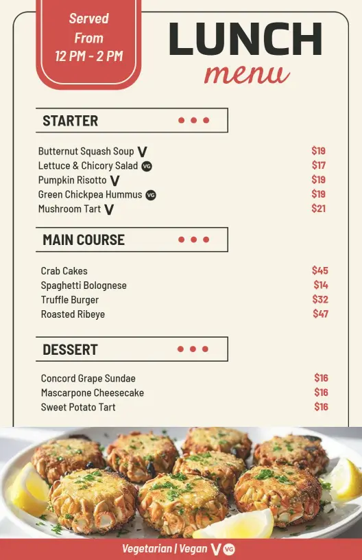 Savory Starters and Hearty Main Dishes Lunch Menu Template