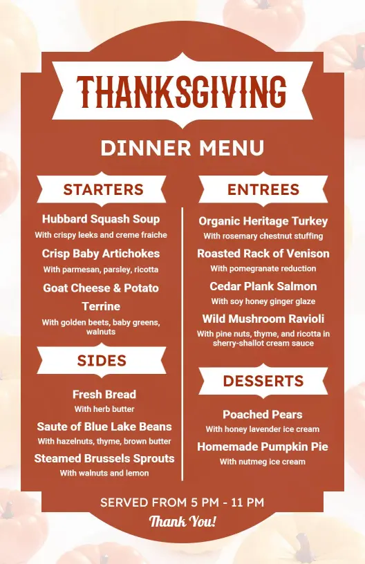 Savory Starters and Rich Entrees Thanksgiving Dinner Menu Template