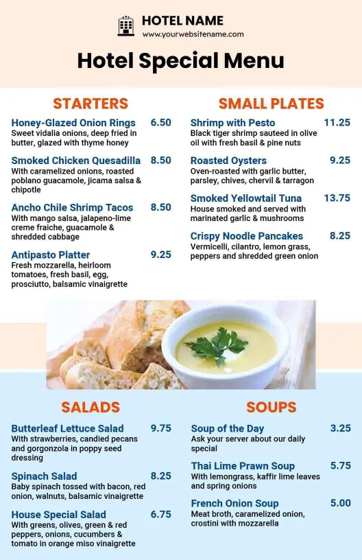 Savory Starters and Tasty Small Plates Hotel Menu Template