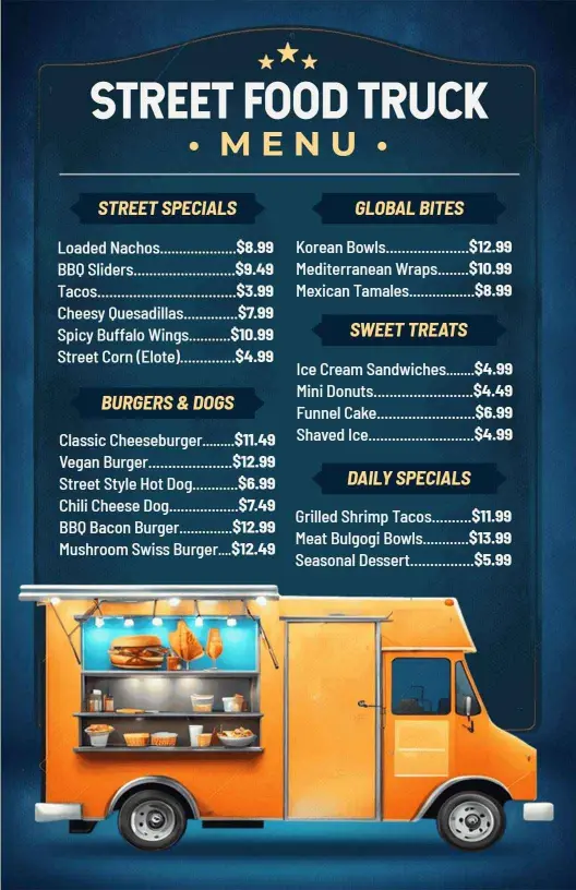 Savory Street Food Specials and Unique Dishes Food Truck Menu Template