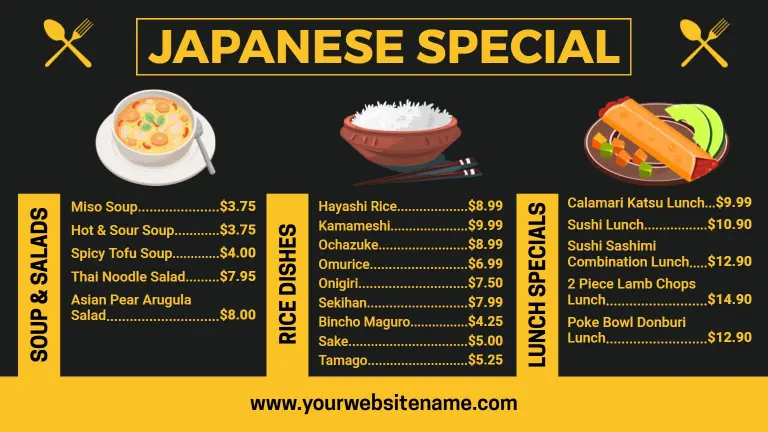 Savory Sushi and Traditional Rice Bowl Selections Japanese Cuisine Menu Template