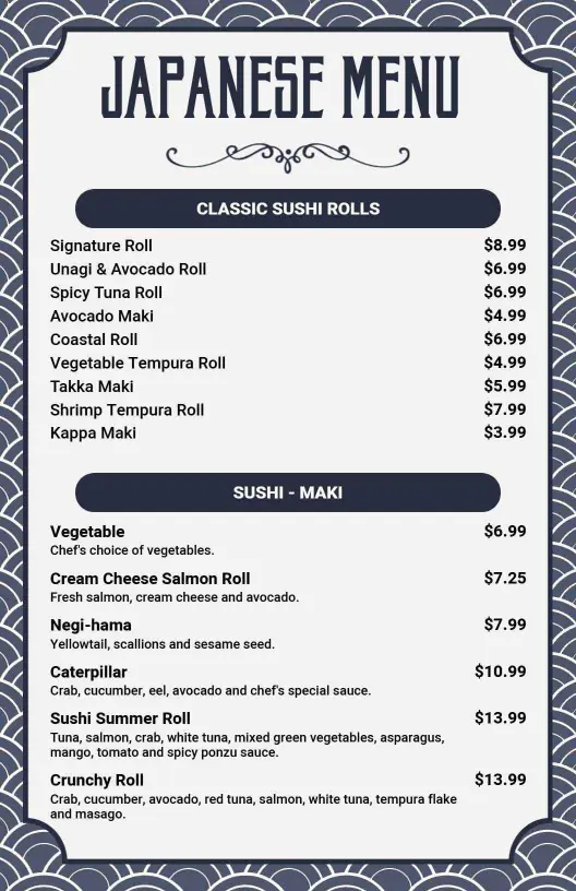 Savory Sushi Rolls and Authentic Japanese Favorites Cuisine Menu Template