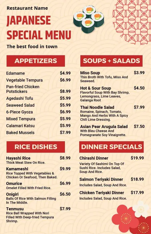 Savory Sushi Rolls and Authentic Ramen Dishes Japanese Cuisine Menu Template