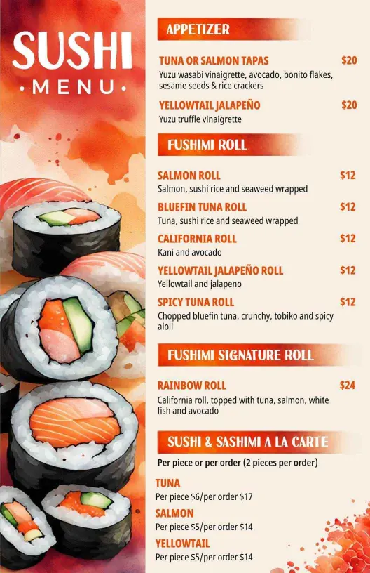 Savory Sushi Rolls and Creative Tapas Selections Sushi Menu Template