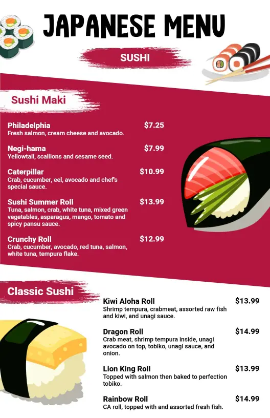 Savory Sushi Rolls and Fresh Maki Selections Japanese Cuisine Menu Template