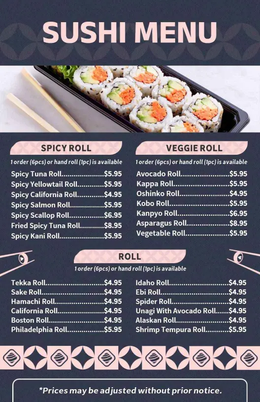 Savory Sushi Rolls Featuring Spicy, Veggie, and Classic Selections Sushi Menu Template