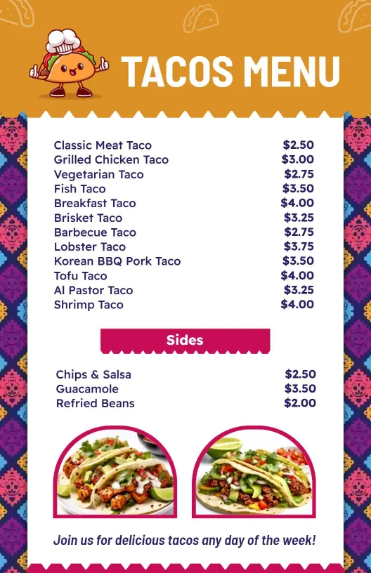 Savory Taco Selections Featuring Unique Flavors and Styles Menu Template