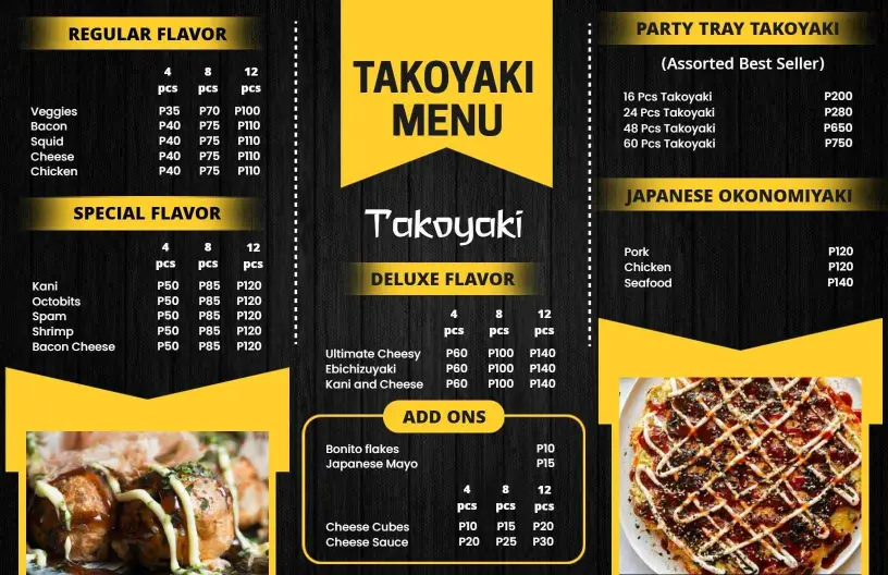 Savory Takoyaki and Noodle Delights Featuring Japanese Cuisine Menu Template