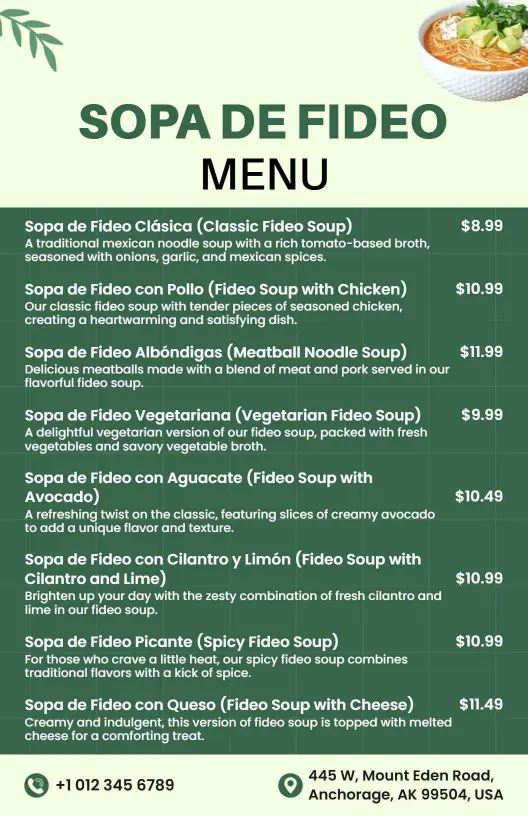 Savory Traditional and Creative Fideo Soup Varieties Menu Template