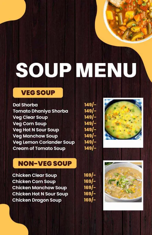 Savory Veg and Non-Veg Soup Selections for Every Taste Soup Menu Template