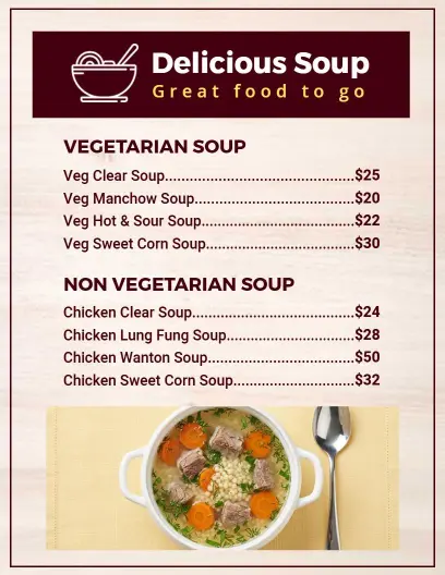 Savory Vegetarian and Non-Vegetarian Selections Soup Menu Template