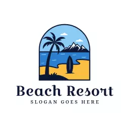 Scenic Beach Landscape with Palm Trees and Mountains Logo Template