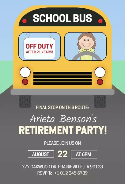 School Bus Theme Fun Retirement Party Celebration Invitation Template
