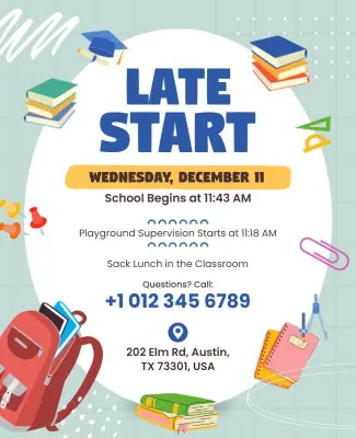 School Event Late Start Announcement Flyer Template