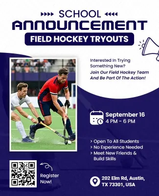 School Field Hockey Tryouts Announcement Flyer Template